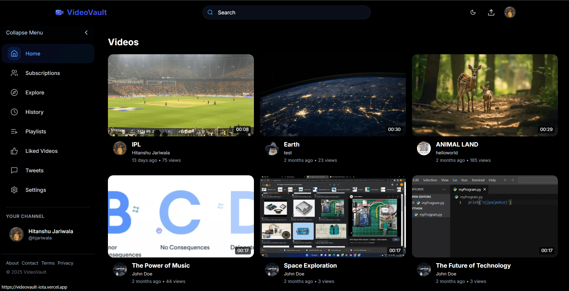 VideoVault - Video Sharing Platform interface